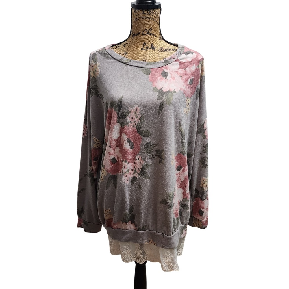 Honeyme Curvy Floral Print Gray Pullover Blouse Top Women's‎ Plus Size XL